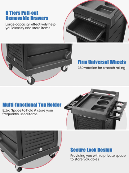 6 Tier Salon Beauty Rolling Trolley Cart Black with Drawers SBR580 - with | Sold by Uncle Wiener's Wholesale