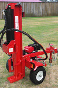 60 Ton Hydraulic Log Splitter with red frame – front view
Gas-powered Lifan 15HP Log Splitter trailer – side angle
Four-way wedge hydraulic wood splitter on heavy-duty tires
Towable 60 ton log splitter with highway tires and LED lights