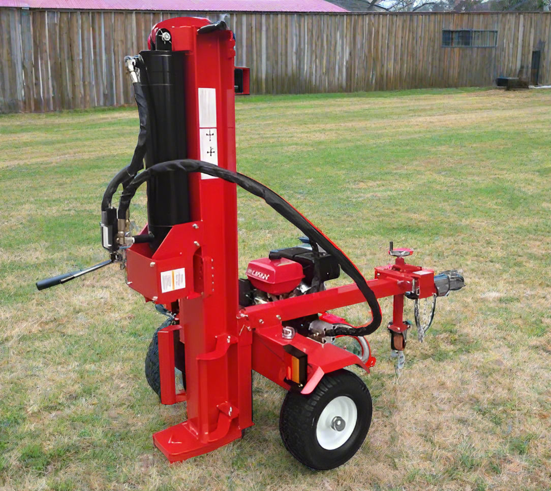 60 Ton Hydraulic Log Splitter with red frame – front view
Gas-powered Lifan 15HP Log Splitter trailer – side angle
Four-way wedge hydraulic wood splitter on heavy-duty tires
Towable 60 ton log splitter with highway tires and LED lights