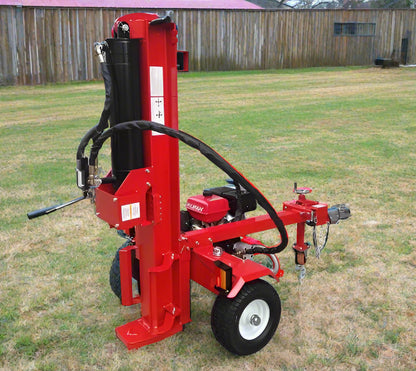 60 Ton Hydraulic Log Splitter with red frame – front view
Gas-powered Lifan 15HP Log Splitter trailer – side angle
Four-way wedge hydraulic wood splitter on heavy-duty tires
Towable 60 ton log splitter with highway tires and LED lights