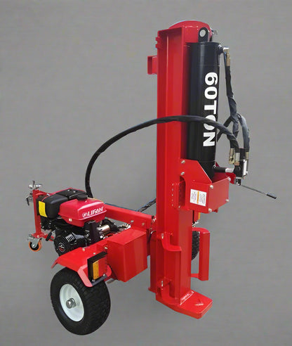 60 Ton Hydraulic Log Splitter with red frame – front view
Gas-powered Lifan 15HP Log Splitter trailer – side angle
Four-way wedge hydraulic wood splitter on heavy-duty tires
Towable 60 ton log splitter with highway tires and LED lights