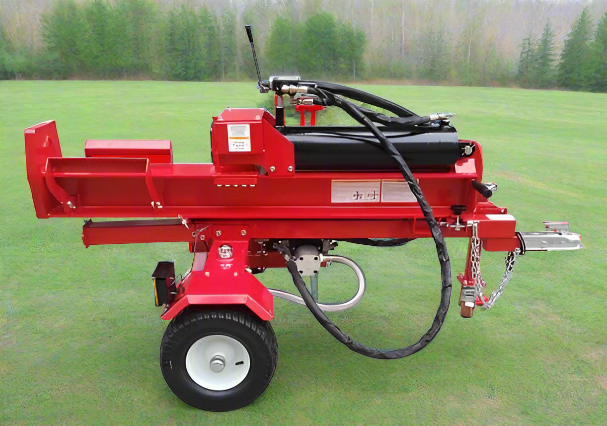 60 Ton Hydraulic Log Splitter with red frame – front view
Gas-powered Lifan 15HP Log Splitter trailer – side angle
Four-way wedge hydraulic wood splitter on heavy-duty tires
Towable 60 ton log splitter with highway tires and LED lights