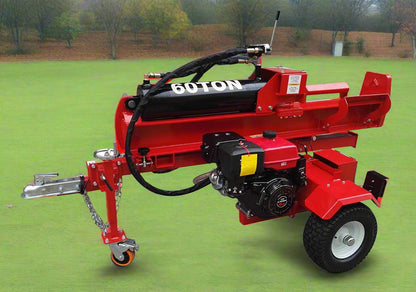 60 Ton Hydraulic Log Splitter with red frame – front view
Gas-powered Lifan 15HP Log Splitter trailer – side angle
Four-way wedge hydraulic wood splitter on heavy-duty tires
Towable 60 ton log splitter with highway tires and LED lights