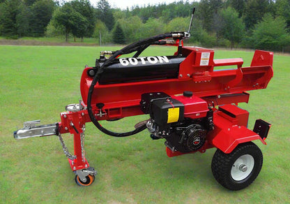 60 Ton Hydraulic Log Splitter with red frame – front view
Gas-powered Lifan 15HP Log Splitter trailer – side angle
Four-way wedge hydraulic wood splitter on heavy-duty tires
Towable 60 ton log splitter with highway tires and LED lights