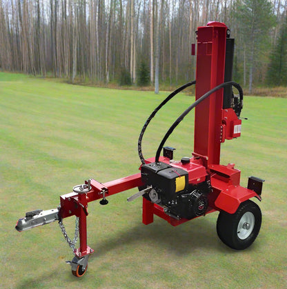 60 Ton Hydraulic Log Splitter with red frame – front view
Gas-powered Lifan 15HP Log Splitter trailer – side angle
Four-way wedge hydraulic wood splitter on heavy-duty tires
Towable 60 ton log splitter with highway tires and LED lights