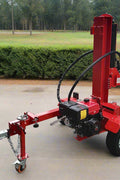 60 Ton Hydraulic Log Splitter with red frame – front view
Gas-powered Lifan 15HP Log Splitter trailer – side angle
Four-way wedge hydraulic wood splitter on heavy-duty tires
Towable 60 ton log splitter with highway tires and LED lights