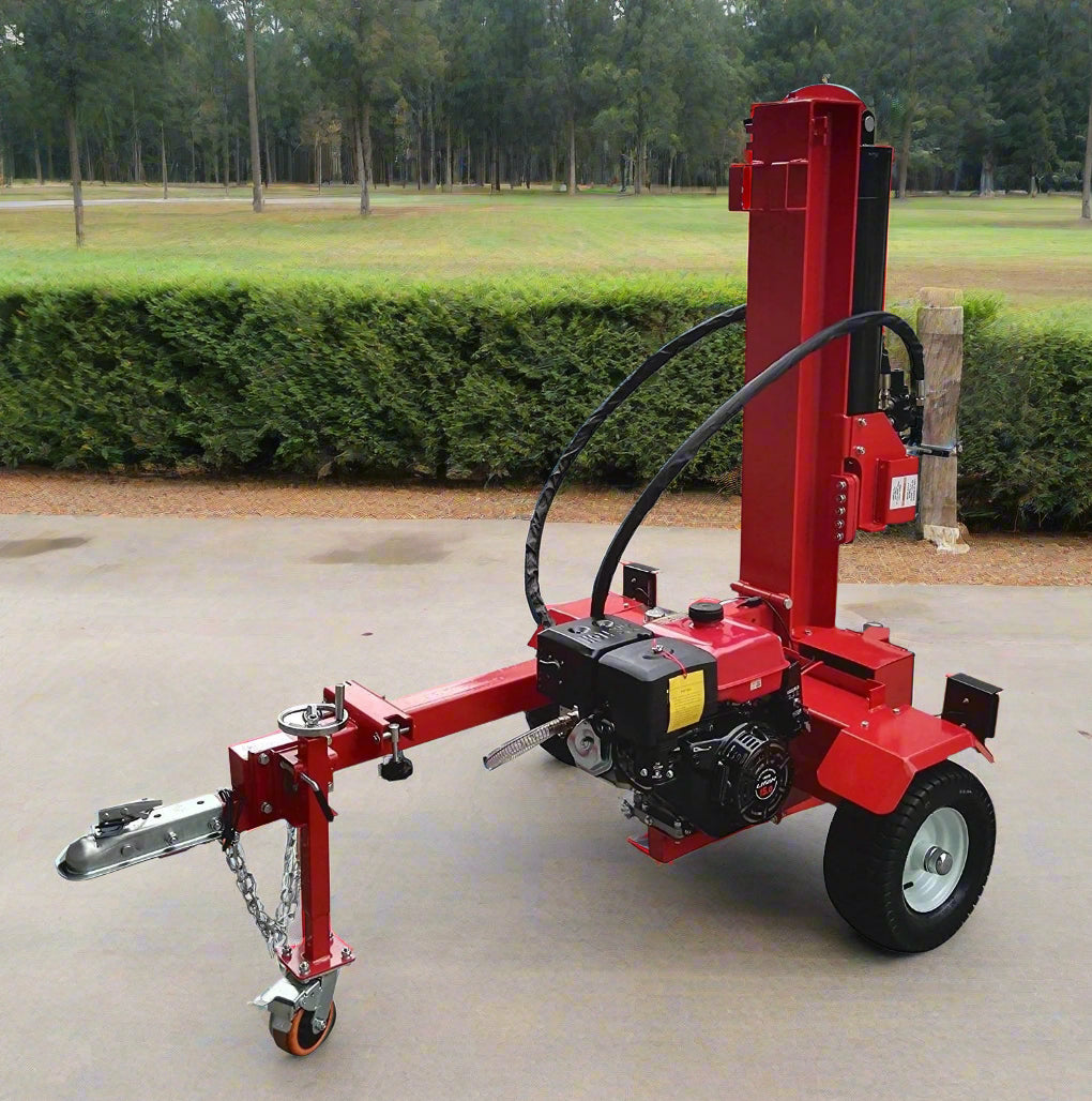 60 Ton Hydraulic Log Splitter with red frame – front view
Gas-powered Lifan 15HP Log Splitter trailer – side angle
Four-way wedge hydraulic wood splitter on heavy-duty tires
Towable 60 ton log splitter with highway tires and LED lights