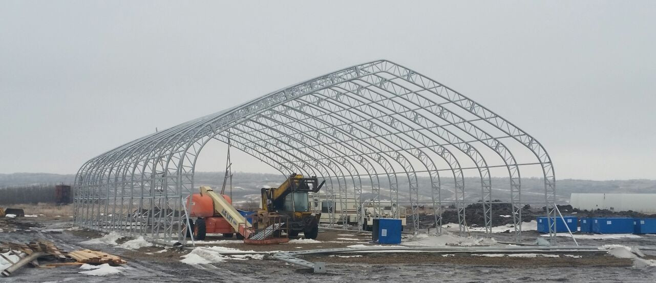 60′ WIDE DOUBLE TRUSS STORAGE BUILDINGS - with Standard 60X100X25 26.5 OZ PVC Cover | Sold by Uncle Wiener's Wholesale