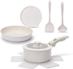 LEADKooKers 8-Piece Non-Stick Cookware Set with Detachable Handle – White, Induction Compatible Pots & Pans Set