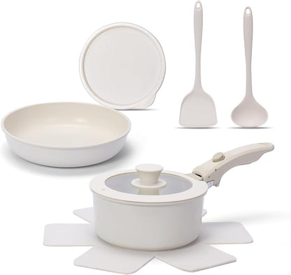 LEADKooKers 8-Piece Non-Stick Cookware Set with Detachable Handle – White, Induction Compatible Pots & Pans Set
