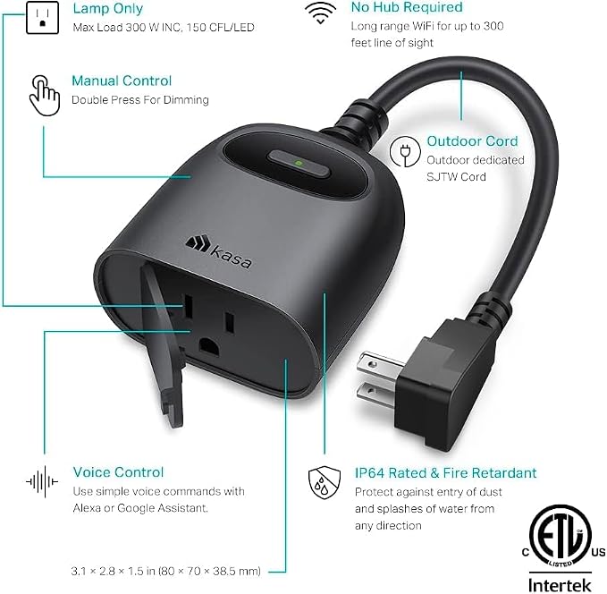 Kasa Smart KP405 Outdoor Wi-Fi Dimmer Plug – IP64 Weather-Resistant, Alexa & Google Assistant, 2.4GHz Wi-Fi