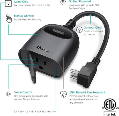 Kasa Smart KP405 Outdoor Wi-Fi Dimmer Plug – IP64 Weather-Resistant, Alexa & Google Assistant, 2.4GHz Wi-Fi