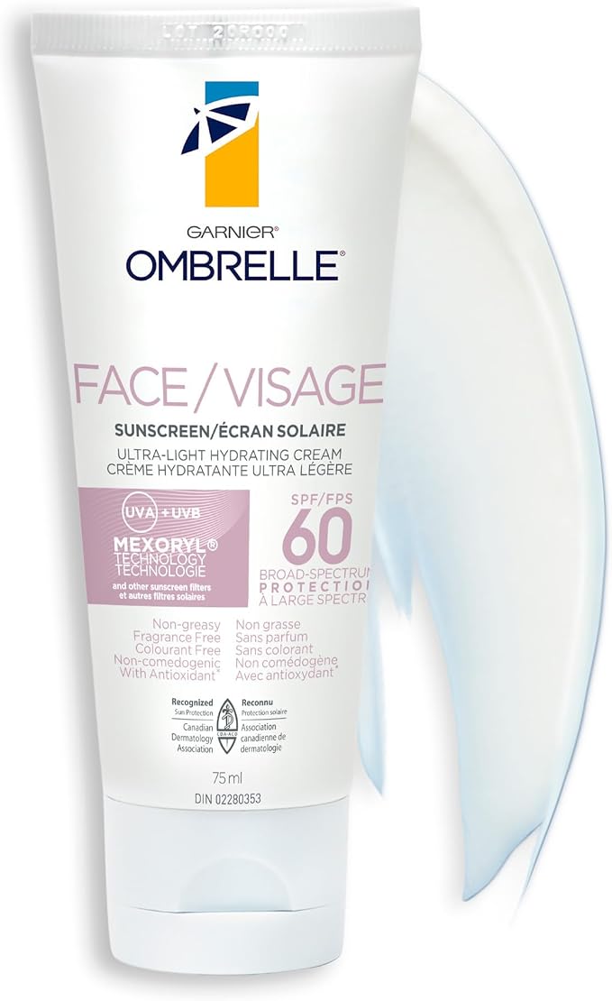 Garnier Ombrelle SPF 60 Face Sunscreen – 75ml Ultra-Light Hydrating Facial Sunscreen, Broad Spectrum UVA/UVB Protection, Fragrance-Free, Non-Greasy, Water Resistant