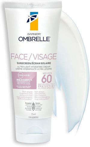 Garnier Ombrelle SPF 60 Face Sunscreen – 75ml Ultra-Light Hydrating Facial Sunscreen, Broad Spectrum UVA/UVB Protection, Fragrance-Free, Non-Greasy, Water Resistant