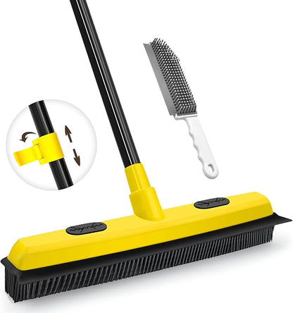 JEHONN Rubber Broom with Squeegee Pet Hair Remover 134CM Long Handle Carpet Rake for Floor and Window Cleaning