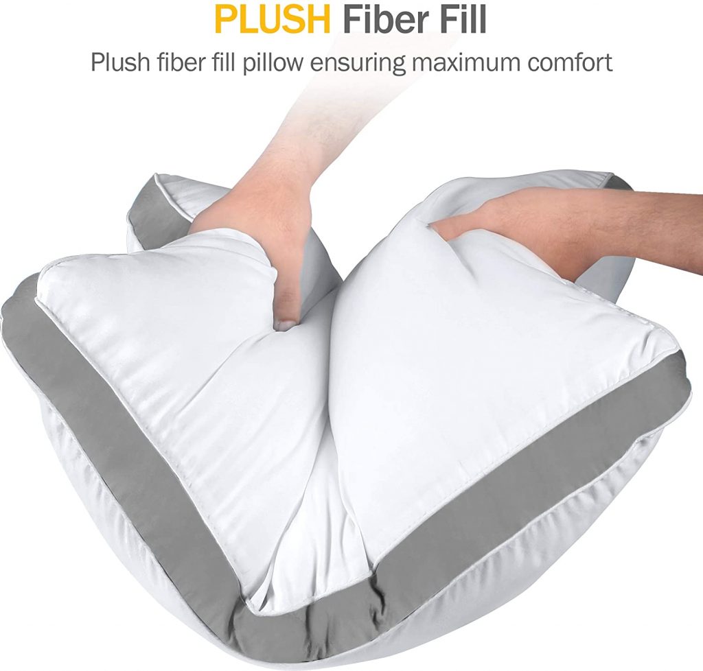Queen Size Gusseted White Microfiber Pillows 2-Pack
Set of 2 Quilted Pillows with Grey Piping for All Sleep Positions
Medium Firm Bed Pillows for Queen Beds
Gusseted Pillow Design for Better Support and Comfort
Side View of Quilted Pillows Showing Grey Piping Details