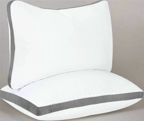 Queen Size Gusseted White Microfiber Pillows 2-Pack
Set of 2 Quilted Pillows with Grey Piping for All Sleep Positions
Medium Firm Bed Pillows for Queen Beds
Gusseted Pillow Design for Better Support and Comfort
Side View of Quilted Pillows Showing Grey Piping Details