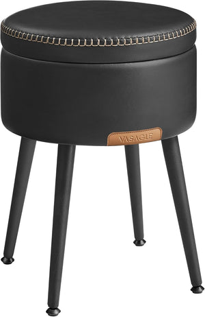 Storage Ottoman Stool with Hidden Storage, Round Vanity Chair, Foot Rest and Side Table with Synthetic Leather Seat Ink Black LOM005B01