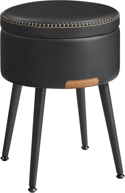 Storage Ottoman Stool with Hidden Storage, Round Vanity Chair, Foot Rest and Side Table with Synthetic Leather Seat Ink Black LOM005B01