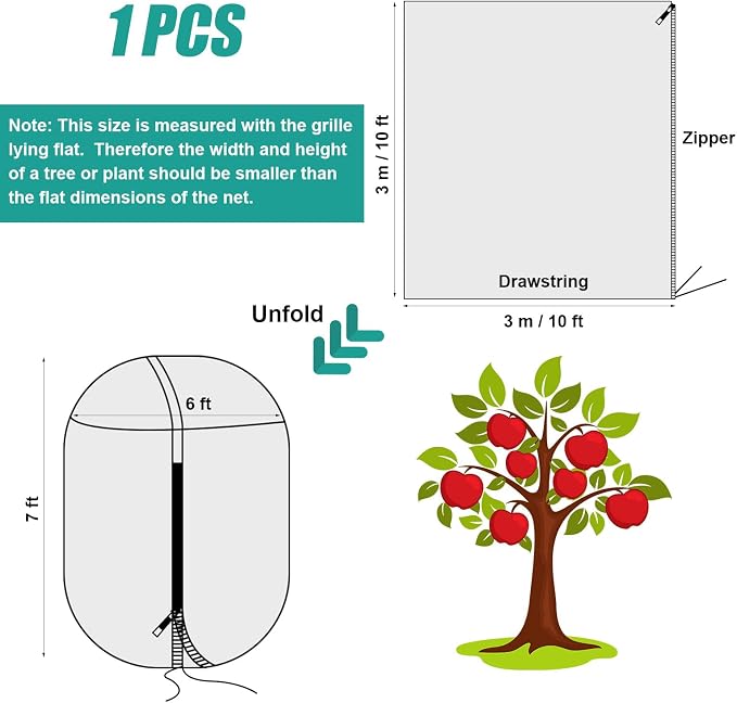 PEUTIER 10 ft x 10 ft Fruit Tree Netting Bag – Garden Bird Net Cover with Zipper and Drawstring
