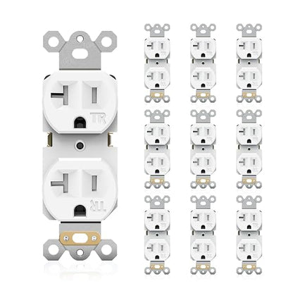 JUNLIT 20A Tamper-Resistant Duplex Electrical Outlets 10-Pack – 125V NEMA 5-20R Self-Grounding Receptacles, White