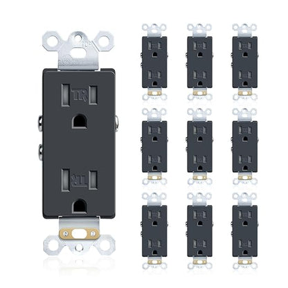JUNLIT 15A Tamper-Resistant Duplex Decorator Outlets 10-Pack – 125V Self-Grounding Residential Receptacles