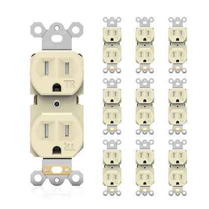 JUNLIT 15A Tamper-Resistant Duplex Electrical Outlets 10-Pack – 125V Self-Grounding Residential Receptacles