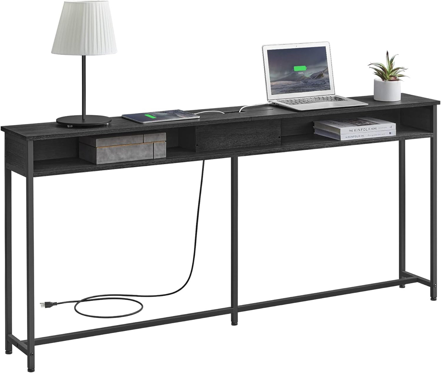 Console Table with Power Outlet, 70 Inch Sofa Table, Narrow Entryway Table with Hidden Charging Station and Storage Shelves for Hallway, Living Room and Behind Couch Black LNT118B22