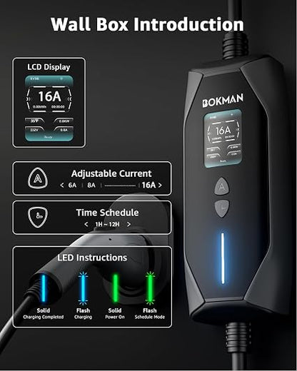 bokman Portable Level 1 & Level 2 EV Charger – 16A Adjustable J1772 Charging Cable with NEMA 6-20 Plug, 5-15 Adapter & Timer