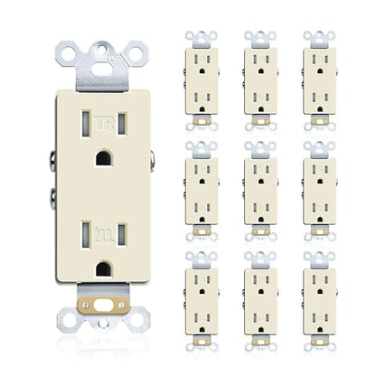 JUNLIT 15A Tamper-Resistant Duplex Decorator Outlets 10-Pack – 125V Self-Grounding Residential Receptacles