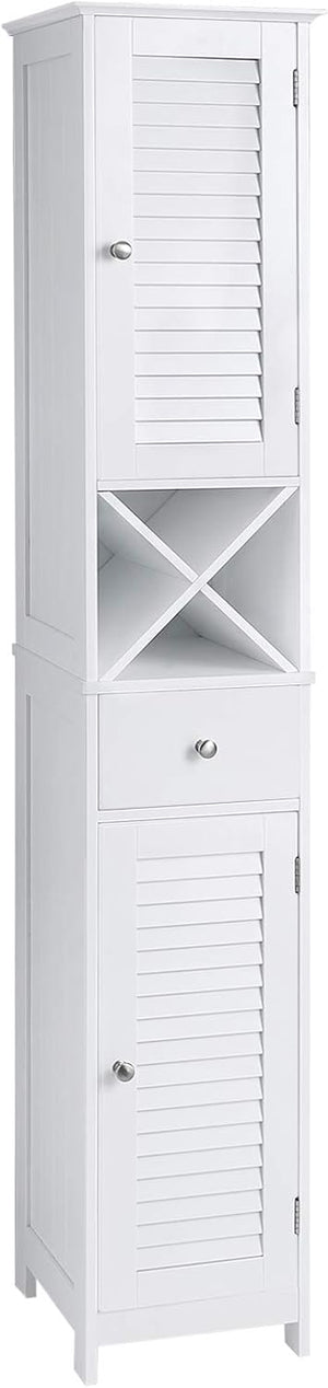 Tall Bathroom Storage Cabinet with Louvered Doors, Drawer & X-Shaped Towel Rack – 66.9" White Linen Tower BBC69WT