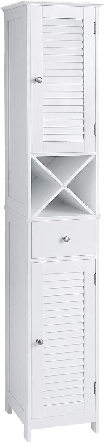 Tall Bathroom Storage Cabinet with Louvered Doors, Drawer & X-Shaped Towel Rack – 66.9" White Linen Tower BBC69WT