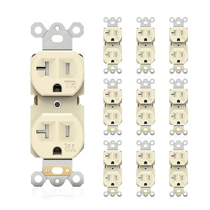 JUNLIT 20A Tamper-Resistant Duplex Electrical Outlets 10-Pack – 125V NEMA 5-20R Self-Grounding Receptacles, White