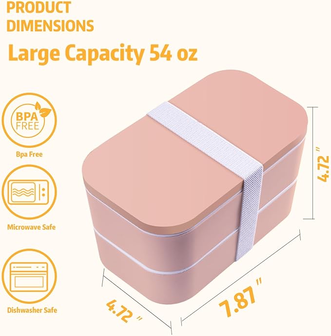 Stackable Bento Lunch Box – 60 oz Microwave-Safe Leak-Resistant Meal Prep Container with Utensils