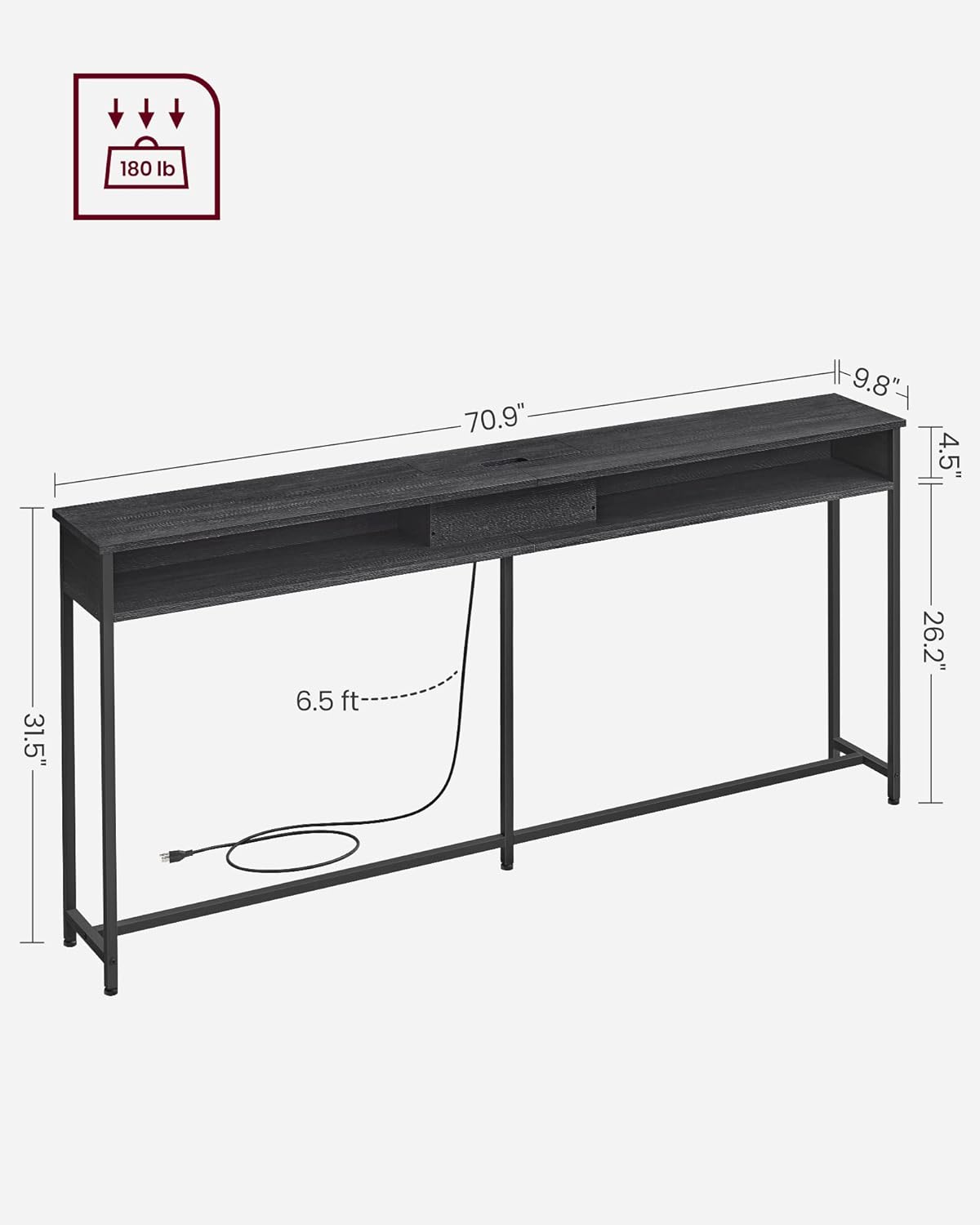 Console Table with Power Outlet, 70 Inch Sofa Table, Narrow Entryway Table with Hidden Charging Station and Storage Shelves for Hallway, Living Room and Behind Couch Black LNT118B22
