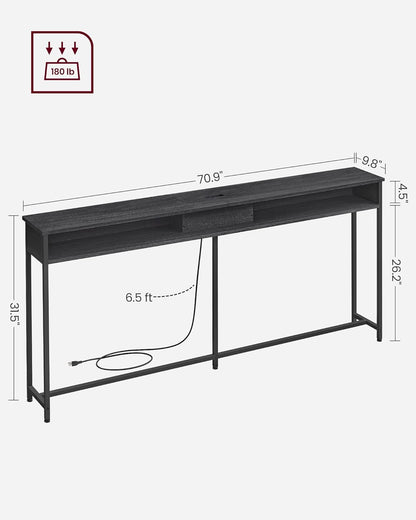 Console Table with Power Outlet, 70 Inch Sofa Table, Narrow Entryway Table with Hidden Charging Station and Storage Shelves for Hallway, Living Room and Behind Couch Black LNT118B22