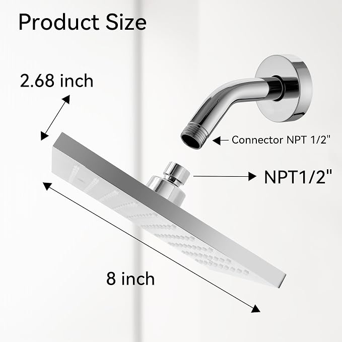 Lavatrum 8-Inch Square Rainfall Shower Head – High Pressure Chrome Showerhead with 360° Adjustable Angle & Anti-Clog Silicone Nozzles