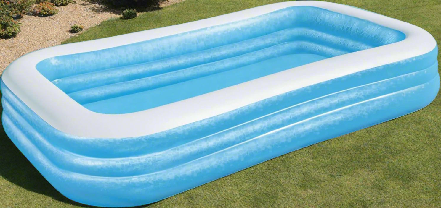 Bestway 54009 inflatable paddling pool with kids
Top view of family in Bestway 10ft blue pool
Bestway family pool in outdoor garden setup
Spacious inflatable pool for backyard fun
Bestway 54009 kids pool with drain valve