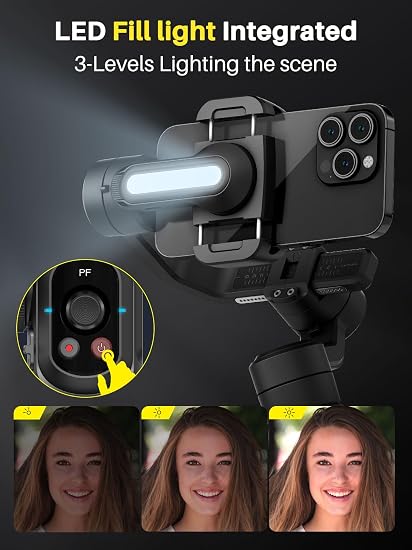 AOCHUAN Smart S2 3-Axis Smartphone Gimbal Stabilizer – Face & Object Tracking, 360° Rotation, Fill Light & 18cm Extension Rod for iPhone & Android