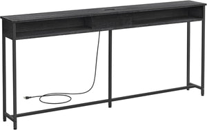 Console Table with Power Outlet, 70 Inch Sofa Table, Narrow Entryway Table with Hidden Charging Station and Storage Shelves for Hallway, Living Room and Behind Couch Black LNT118B22