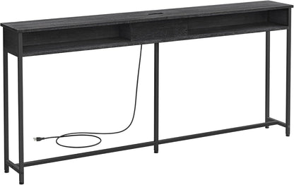 Console Table with Power Outlet, 70 Inch Sofa Table, Narrow Entryway Table with Hidden Charging Station and Storage Shelves for Hallway, Living Room and Behind Couch Black LNT118B22