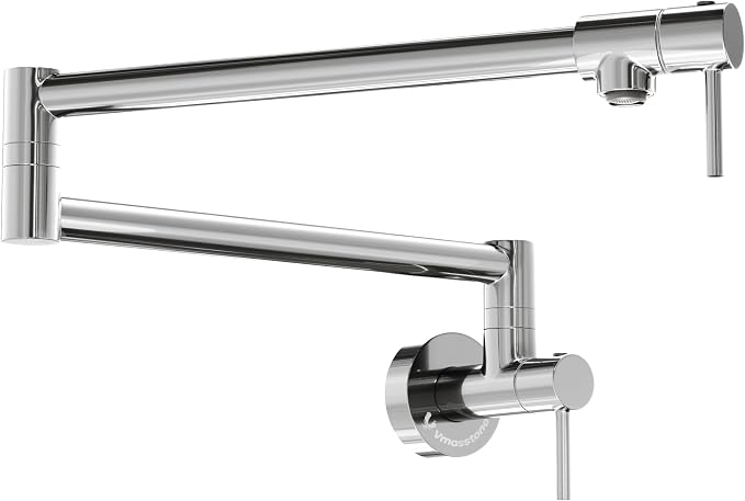 VMASSTONE PM002 Wall-Mount Pot Filler Faucet – Chrome Polished Brass Folding Kitchen Faucet with Dual Swing Arms, 360° Rotation & 2 Handles
