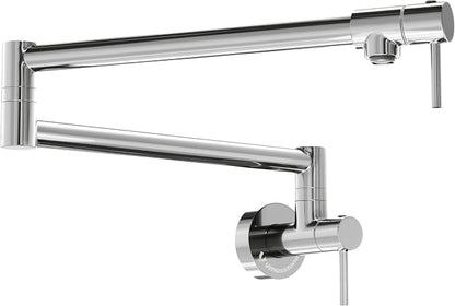 VMASSTONE PM002 Wall-Mount Pot Filler Faucet – Chrome Polished Brass Folding Kitchen Faucet with Dual Swing Arms, 360° Rotation & 2 Handles