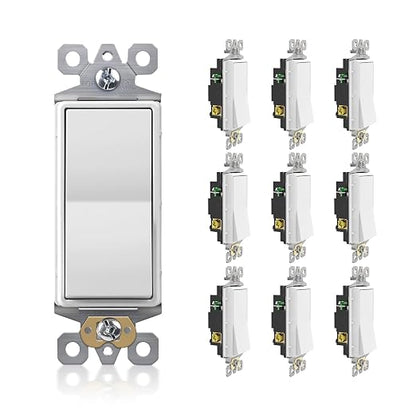 JUNLIT 3-Way Decorator Rocker Light Switches 10-Pack – 15A 120/277V Decora Paddle Wall Switches, Grounded