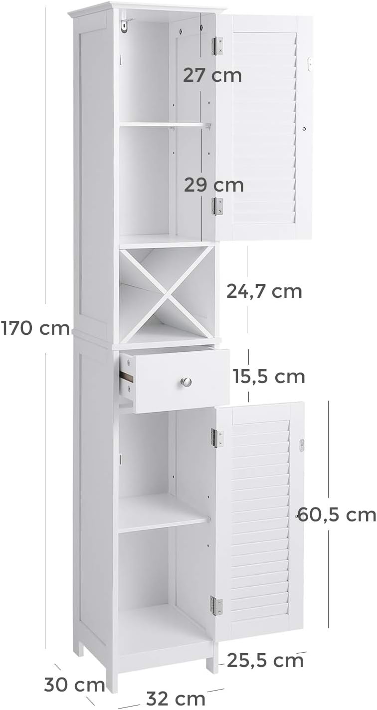 Tall Bathroom Storage Cabinet with Louvered Doors, Drawer & X-Shaped Towel Rack – 66.9" White Linen Tower BBC69WT