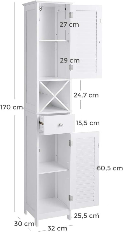 Tall Bathroom Storage Cabinet with Louvered Doors, Drawer & X-Shaped Towel Rack – 66.9" White Linen Tower BBC69WT
