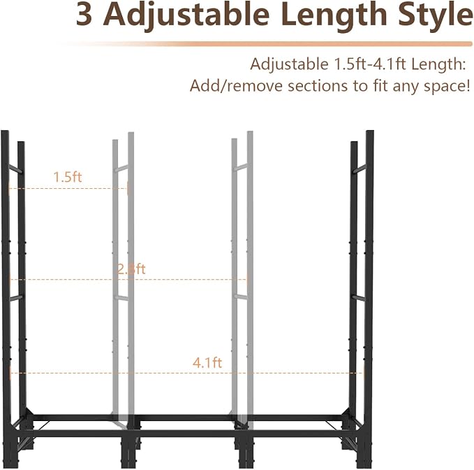 C-Hopetree Adjustable Firewood Rack – Heavy-Duty Steel Indoor Outdoor Log Holder, 32–96" Expandable