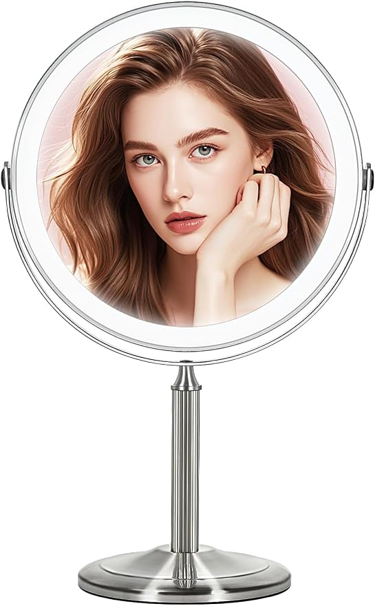 VESAUR 15X Magnifying Makeup Mirror with Lights – 9.5" Double-Sided LED Vanity Mirror, 5000mAh USB-C Rechargeable, 3 Colour Dimmable Lighting, 360° Swivel