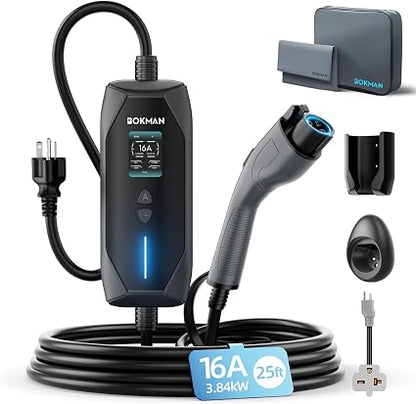 bokman Portable Level 1 & Level 2 EV Charger – 16A Adjustable J1772 Charging Cable with NEMA 6-20 Plug, 5-15 Adapter & Timer