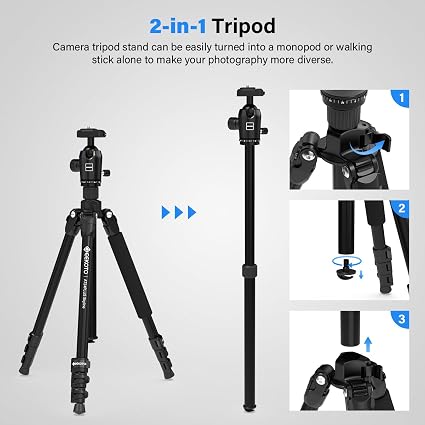GEEKOTO 73-Inch Professional Camera Tripod & Monopod – Heavy-Duty 33 lb Capacity Travel Tripod with 360° Ball Head & Quick Release Plate for DSLR, Mirrorless & Cameras